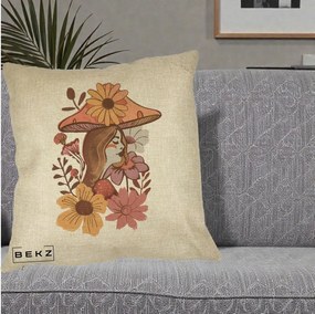 Perna Decorativa Fata Ciuperca Florala Boho, 40x40 cm, Crem, Husa Detasabila, Perna Inclusa, BEKZ®