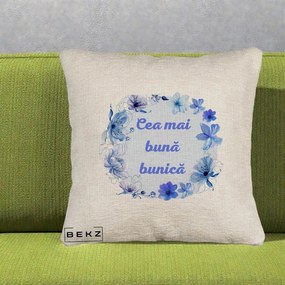 Cadou pentru Bunica - Perna Personalizata Cea Mai Buna Bunica Coronita Flori Albastre Acuarela, 40x40 cm, Bej Canapea, Husa Detasabila, Perna Inclusa, BEKZ®