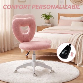 HOMCOM Scaun de Birou Rotativ cu Spătar în Formă de Inimă, Înălțime Reglabilă, Țesătură Teddy, 45x56x78-88 cm, Roz | Aosom Romania