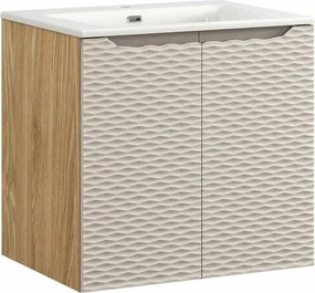 Set dulap baza suspendat 60 cm cu lavoar Comad Ocean bej si stejar uleiat
