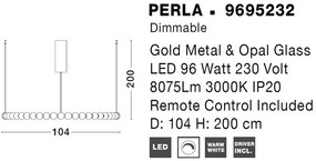 Lustra LED suspendata, dimabila, deosebita design lux PERLA opal, auriu 104cm