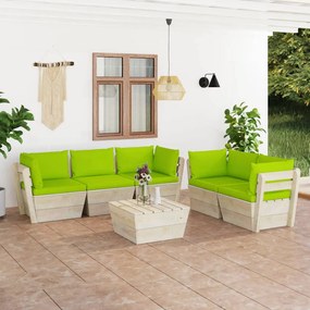 Set mobilier gradina din paleti, 6 piese, cu perne, lemn molid verde aprins, 4x colt + mijloc + masa, 1