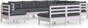 vidaXL Set mobilier de grădină cu perne, 9 piese, alb, lemn masiv pin