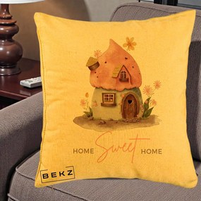 Perna Decorativa Home Sweet Home Casuta, 40x40 cm, Galben, Husa Detasabila, Perna Inclusa, BEKZ®