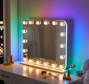 RESIGILAT- Oglindă cosmetică HOLLYWOOD, 18 becuri LED RGB Multicolor, 3 moduri iluminare 60x50 cm