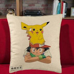 Perna Personalizata Ash si Pikachu, 40x40 cm, Bej, Husa Detasabila, Perna Inclusa, BEKZ®