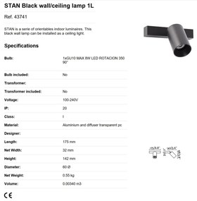 Aplica perete / tavan cu spot directionabil design modern STAN 1L neagra