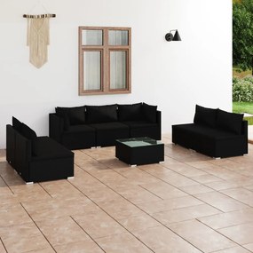 Set mobilier de gradina cu perne, 8 piese, negru, poliratan Negru, 2x colt + 5x mijloc + masa, 1