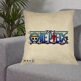 Perna Personalizata One Piece Clasic Albastru, 40x40 cm, Crem, Husa Detasabila, Perna Inclusa, BEKZ®