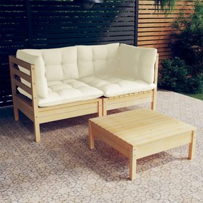 3096016 vidaXL Set mobilier grădină cu perne crem, 3 piese, lemn de pin