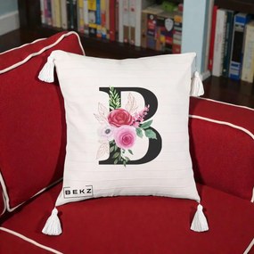 Cadou Personalizat - Perna Personalizata Monograma Florala Litera B, 40x40 cm, Bej cu Franjuri, Husa Detasabila, Perna Inclusa, BEKZ®