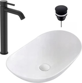 Pachet lavoar pe blat Rea Royal alb 62.5 cm, baterie lavoar Ideal Standard Ceraline negru si ventil lavoar Click-Clack D negru