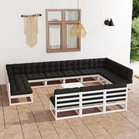 3077250 vidaXL Set mobilier grădină cu perne, 14 piese, alb, lemn masiv de pin