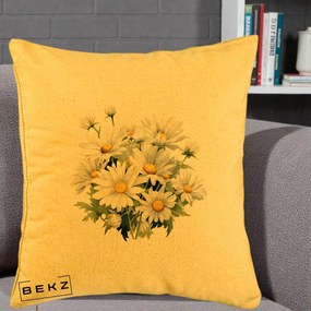 Perna Decorativa Buchet Margarete Albe Acuarela, 40x40 cm, Galben, Husa Detasabila, Perna Inclusa, BEKZ®