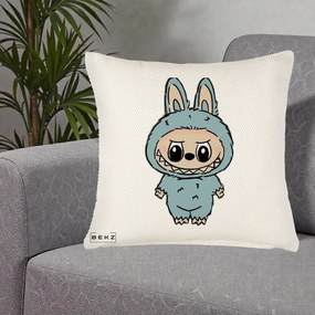 Perna Personalizata Labubu Albastru-Gri Solo, 40x40 cm, Crem Reliefat, Husa Detasabila, Perna Inclusa, BEKZ®