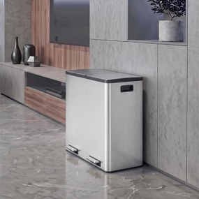 HOMCOM Coș de gunoi pentru bucătărie 2 x 30 L, cu pedală, din oțel inoxidabil, cu recipiente detașabile și închidere lentă, argintiu | Aosom Romania