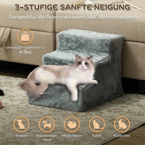PawHut scară pentru câini cu 3 trepte, pentru câini și pisici de până la 4,5 kg, din catifea, husă detașabilă și lavabilă, gri deschis | Aosom Romania