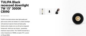 Spot LED incastrabil TULIPA Black recessed downlight 7W 15° 3000K CRI90