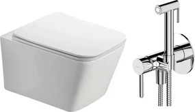 Pachet vas wc suspendat Fluminia Paris, capac softclose si set dus igiena intima crom cu baterie incastrata Omnires Y