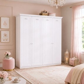 Dulap cu 4 usi, pentru copii si tineret Romantica White, 188x56x214 cm