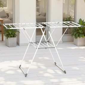HOMCOM Uscător de Rufe cu 2 Niveluri Reglabil pe 4 Înălțimi Diferite, Uscător din Metal și Plastic, 156.5x61.5x97 cm, Alb | Aosom Romania