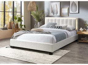 Pat tapitat Comfort 1 cu LED, 160x200, cadru din lemn cu somiera fixa, culoare Crem