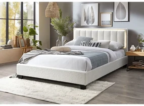 Pat tapitat Comfort 1 cu LED, 160x200, cadru din lemn cu somiera fixa, culoare Crem