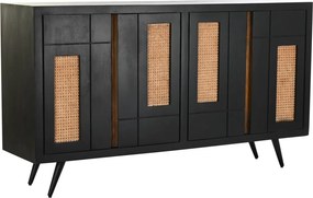Bufet negru retro, din lemn de mango, cu 4 uși cu panouri din ratan împletit și picioare înclinate din metal, 90 x 160 x 40 cm, „Chaumont”