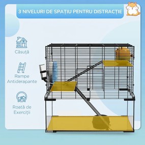 PawHut Cușcă pentru Hamsteri, Gerbili și Animale Mici din Fir de Otel și Sticlă cu Rotiță, 60x40x57 cm, Negru | Aosom Romania