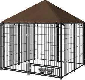 PawHut Gard pentru Câini din Metal cu Ușă pentru Boluri, Gard pentru Câini de Exterior cu Acoperiș, 141x141x151 cm, Negru și Maro