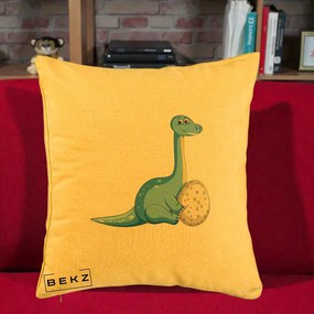 Perna Decorativa Brontosaur cu Ou, 40x40 cm, Galben, Husa Detasabila, Perna Inclusa, BEKZ®