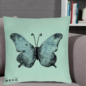 Perna Decorativa Fluture Acuarela Albastru-Gri, 40x40 cm, Verde Menta, Husa Detasabila, Perna Inclusa, BEKZ®