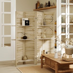 HOMCOM Paravan interior 4 panouri și 3 rafturi, 160 x 170 cm, separator de cameră pliabil, lemn de paulownia, lemn natural | Aosom Romania