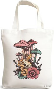 Sacosa de Panza pentru Cumparaturi, Geanta Tote Colorful Mushrooms, 38x34.5 cm, Alba, BEKZ®