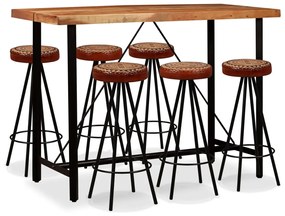 vidaXL Set bar, 7 piese, lemn masiv de acacia, piele naturală și pânză