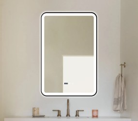 Oglindă Baie LED și Dezaburire Elit's Premium cu Senzor Touch, Lumina Rece, Caldă și Neutră, 60x90cm, cu rama Negru Antichizat, Ceas