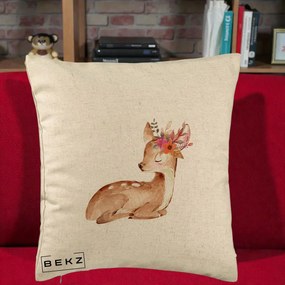 Perna Decorativa Caprioara cu Flori in Coama, 40x40 cm, Bej, Husa Detasabila, Perna Inclusa, BEKZ®