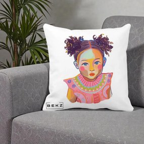 Perna Decorativa Fetita Vesela Portret Colorat, 40x40 cm, Alba Mata, Husa Detasabila, Perna Inclusa, BEKZ®