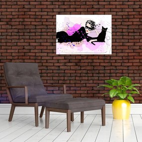 Tablou pe sticlă - Femeia cu pisică neagră (70x50 cm)