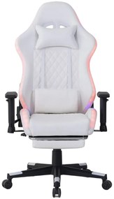 Scaun gaming cu sistem iluminare bandă LED RGB, cotiere 2D, Suport picioare, funcție sezlong, Alb
