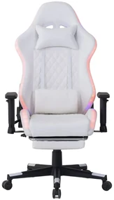 Scaun gaming cu sistem iluminare bandă LED RGB, cotiere 2D, Suport picioare, funcție sezlong, Alb