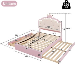 Pat tapițat 140x200 cm cu somieră cu lamele, pat extensibil și 2 sertare, fără saltea, Roz