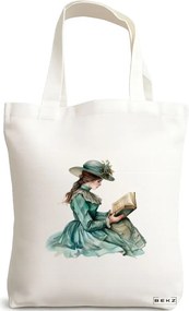Sacosa de Panza pentru Cumparaturi, Geanta Tote, model The bookie girl 37 38 x 34.5 cm, Alba, BEKZ®