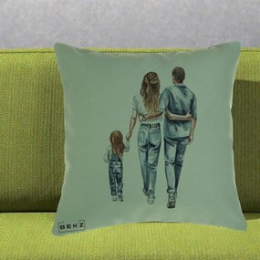 Cadou pentru Familie - Perna Personalizata Familie Acuarela Jeans, 40x40 cm, Verde, Husa Detasabila, Perna Inclusa, BEKZ®