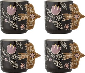 Set 4 cești din ceramică artizanală, multicolor, pictate manual cu motive florale, cu toartă sculptată în formă de pasăre, 8,5x9,5 cm, „Vivielle"