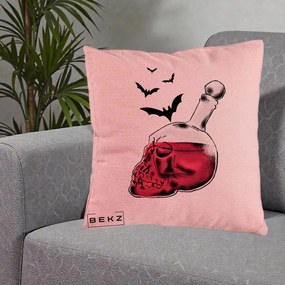 Perna Decorativa Halloween Craniu-Sticla cu Lilieci, 40x40 cm, Roz, Husa Detasabila, Perna Inclusa, BEKZ®