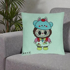 Perna Personalizata Labubu x Urs Albastru Colorat, 40x40 cm, Verde Menta, Husa Detasabila, Perna Inclusa, BEKZ®