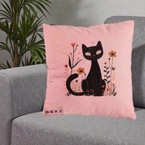 Perna Decorativa Pisica Neagra Flori Pastel Folk, 40x40 cm, Roz, Husa Detasabila, Perna Inclusa, BEKZ®