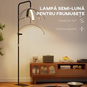 HOMCOM Lampă de Podea LED cu Cap Semilună, Înălțime și Temperatură de Culoare Reglabile, Telecomandă, Negru | Aosom Romania