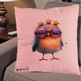Perna Decorativa Pui Pop Star cu Ochelari Stele Violet, 40x40 cm, Roz, Husa Detasabila, Perna Inclusa, BEKZ®